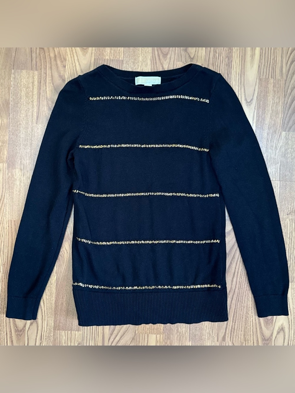 ❤️ Michael Kors Women’s Small Black Sweater with Gold Chain Stripes (B19)